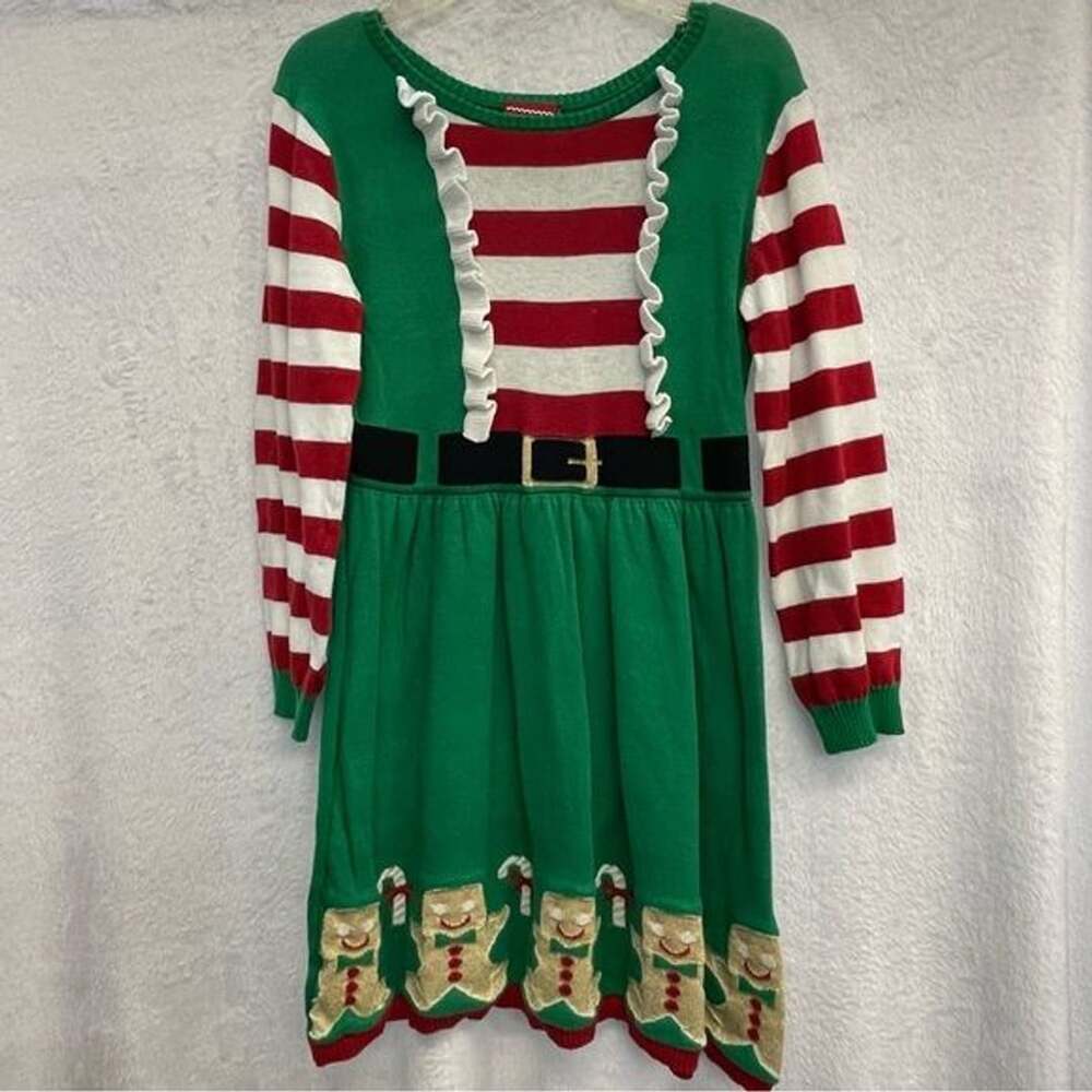 Girls 10/12 Well Worn Green and Red Striped Kids Casual Dress
